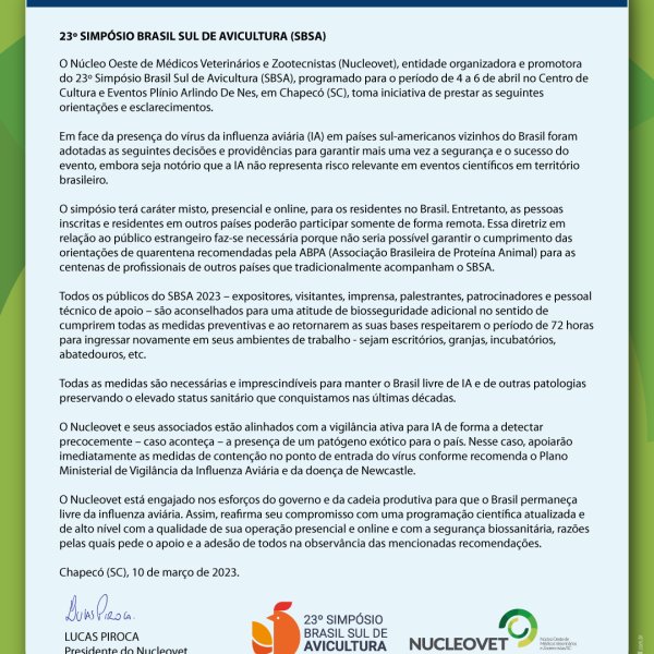 Nucleovet fortalece biosseguridade para o Simp�sio Brasil Sul de Avicultura