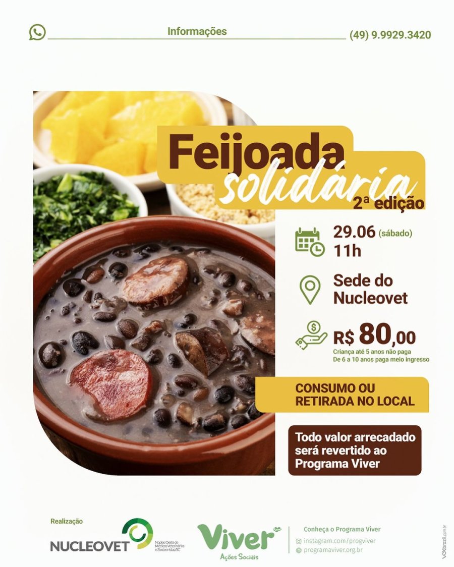 29 DE JUNHO: Nucleovet promove 2&ordf; Feijoada Solid&aacute;ria em prol do Programa Viver