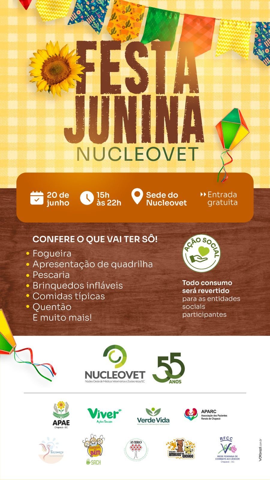 Festa junina do Nucleovet une solidariedade e sabores t&iacute;picos em Chapec&oacute;
